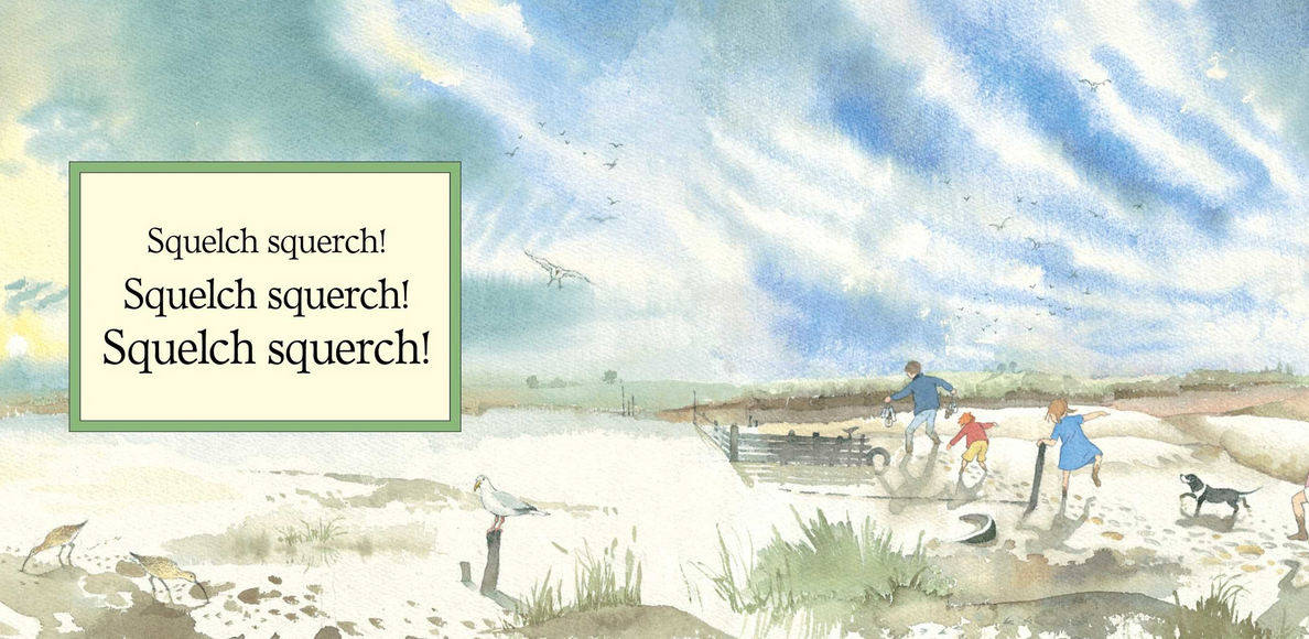 Illustration from We're Going on a Bear Hunt 30th Anniversary showing a family crossing a wet, grassy field.