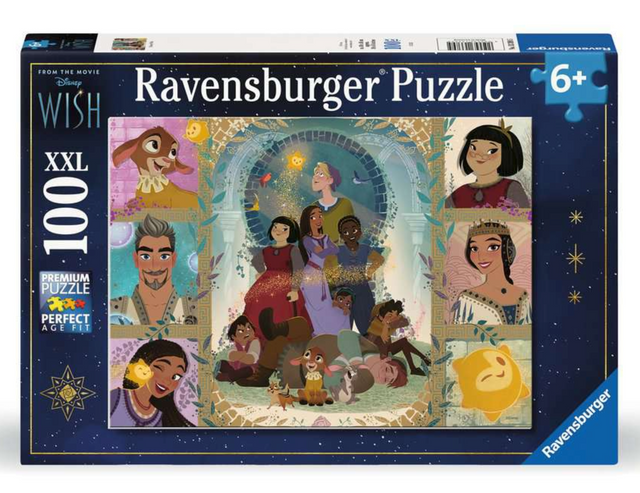 100pc Disney Wish Puzzle featuring colorful characters from the magical kingdom of Rosas for kids 6 and up.
