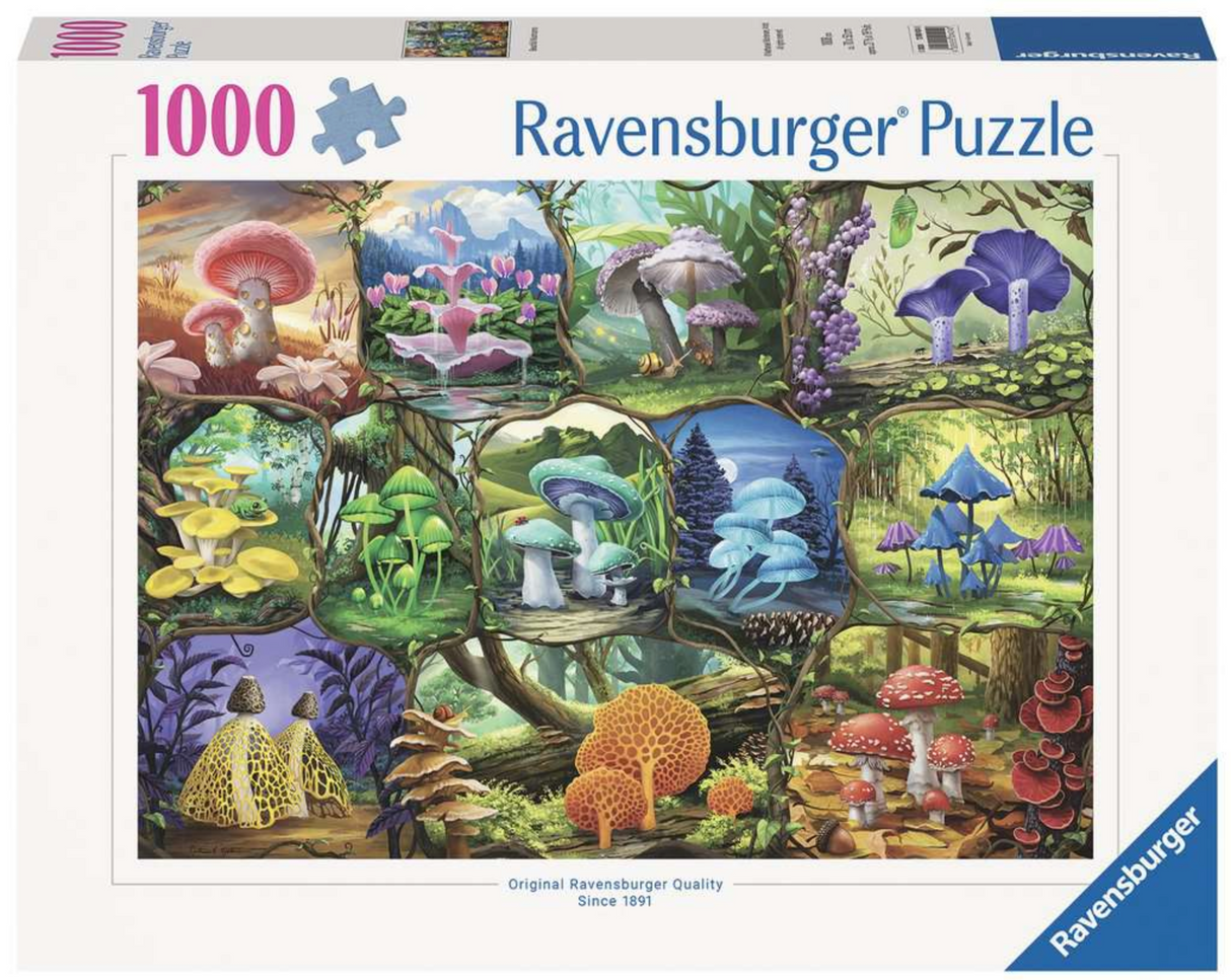 1000pc Beautiful Mushrooms Puzzle featuring colorful, detailed fungi illustrations in a vibrant nature collage by Ravensburger.