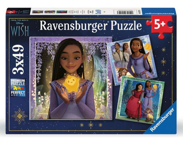 49pc Disney Wish Puzzles featuring characters Asha, King Magnifico, and friends in three 49-piece puzzle set for ages 5+