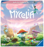 Mycelia board game box featuring whimsical mushroom creatures and forest scenery under a vibrant sky.