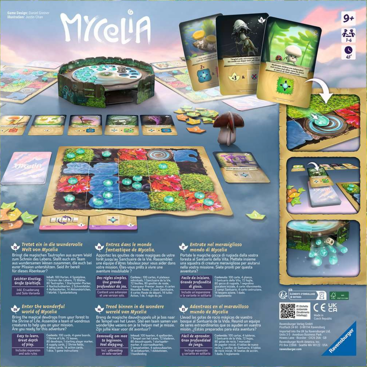 Mycelia board game setup with forest shrine, cards, tokens, and dewdrops for magical deck-building adventure.