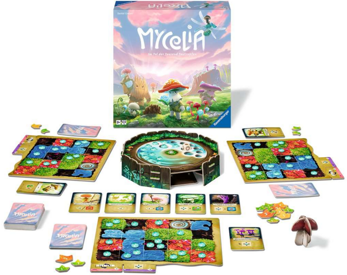 Mycelia board game with vibrant mushroom-themed cards, forest shrine centerpiece, and colorful player boards for 1-4 players.