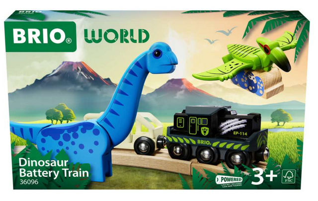 Dinosaur Battery Train featuring a battery-powered engine, colorful dinosaur figures, and a wagon with dinosaur eggs cargo.