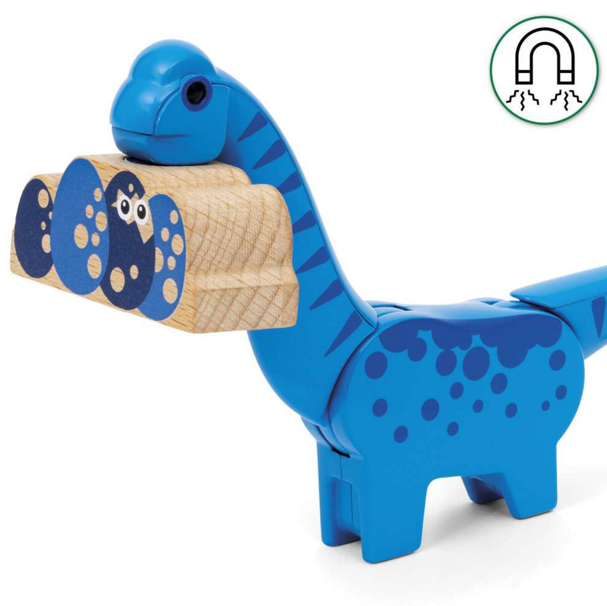 Dinosaur Battery Train blue brachiosaurus figure carrying dinosaur eggs with magnetic wooden blocks toy piece.