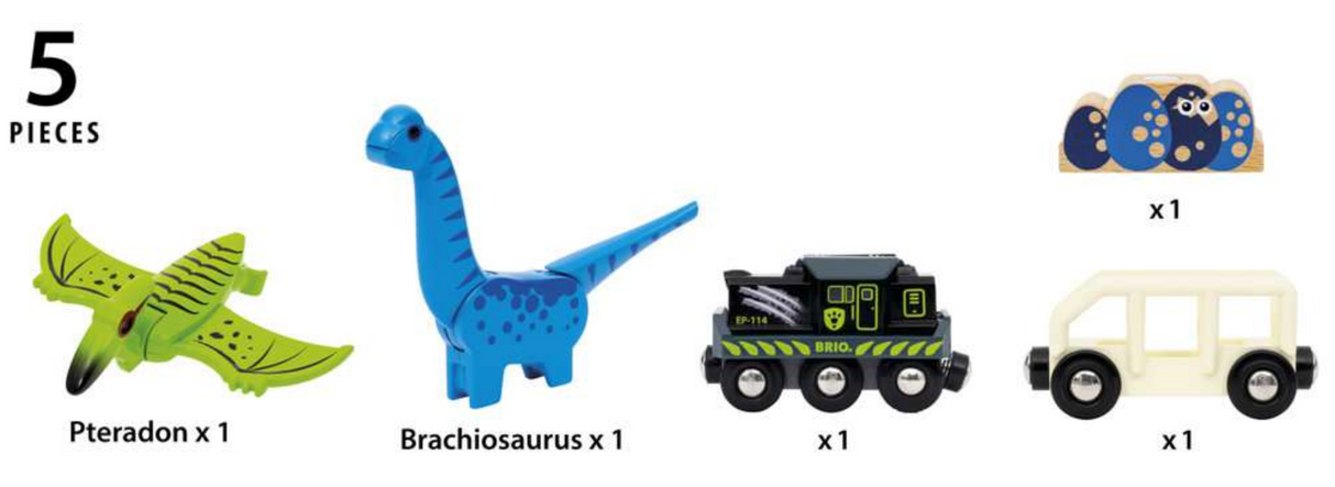 Dinosaur Battery Train set with battery-powered engine, wagon, Pteranodon, Brachiosaurus, and dinosaur eggs cargo.
