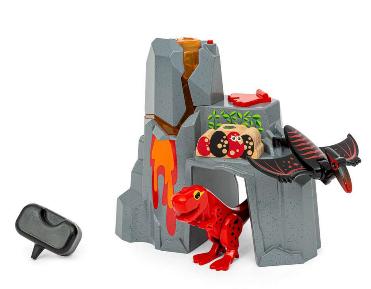 Dinosaur Erupting Volcano playset with glowing lava, T-Rex, Pteranodon, and dinosaur eggs for imaginative prehistoric adventures.
