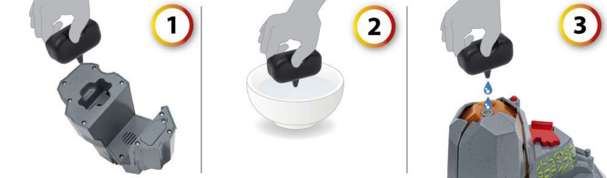 Dinosaur Erupting Volcano playset showing water being added to activate eruption effects with included pieces.