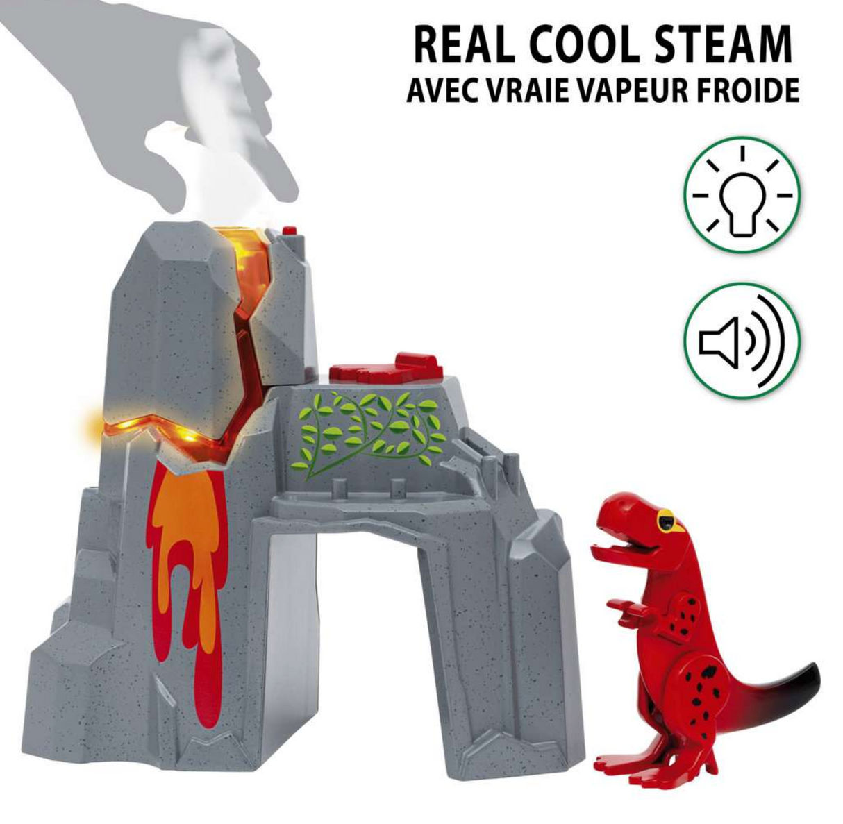 Dinosaur Erupting Volcano playset with glowing lava lights, real steam, volcano sounds, and T-Rex figure.