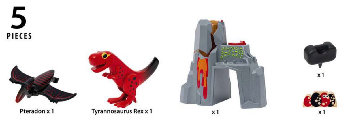 Dinosaur Erupting Volcano playset with erupting volcano, T-Rex, Pteranodon, dinosaur eggs, and water refill pieces.