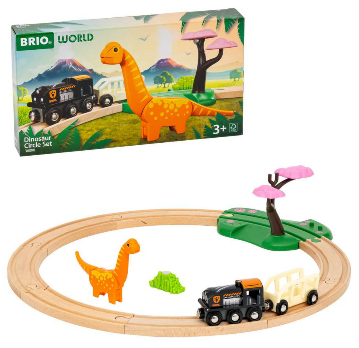 Dinosaur Circle Set with 12-piece wooden track, dinosaur figure, train engine, wagon, and grassy meadow crossing.