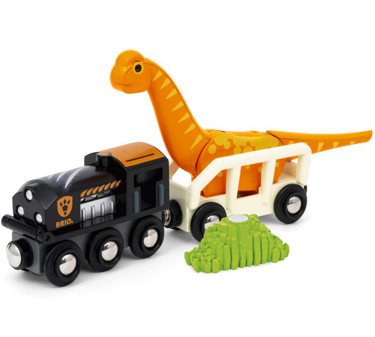 Dinosaur Circle Set featuring a black train with wagon carrying an orange brachiosaurus and green grassy load.
