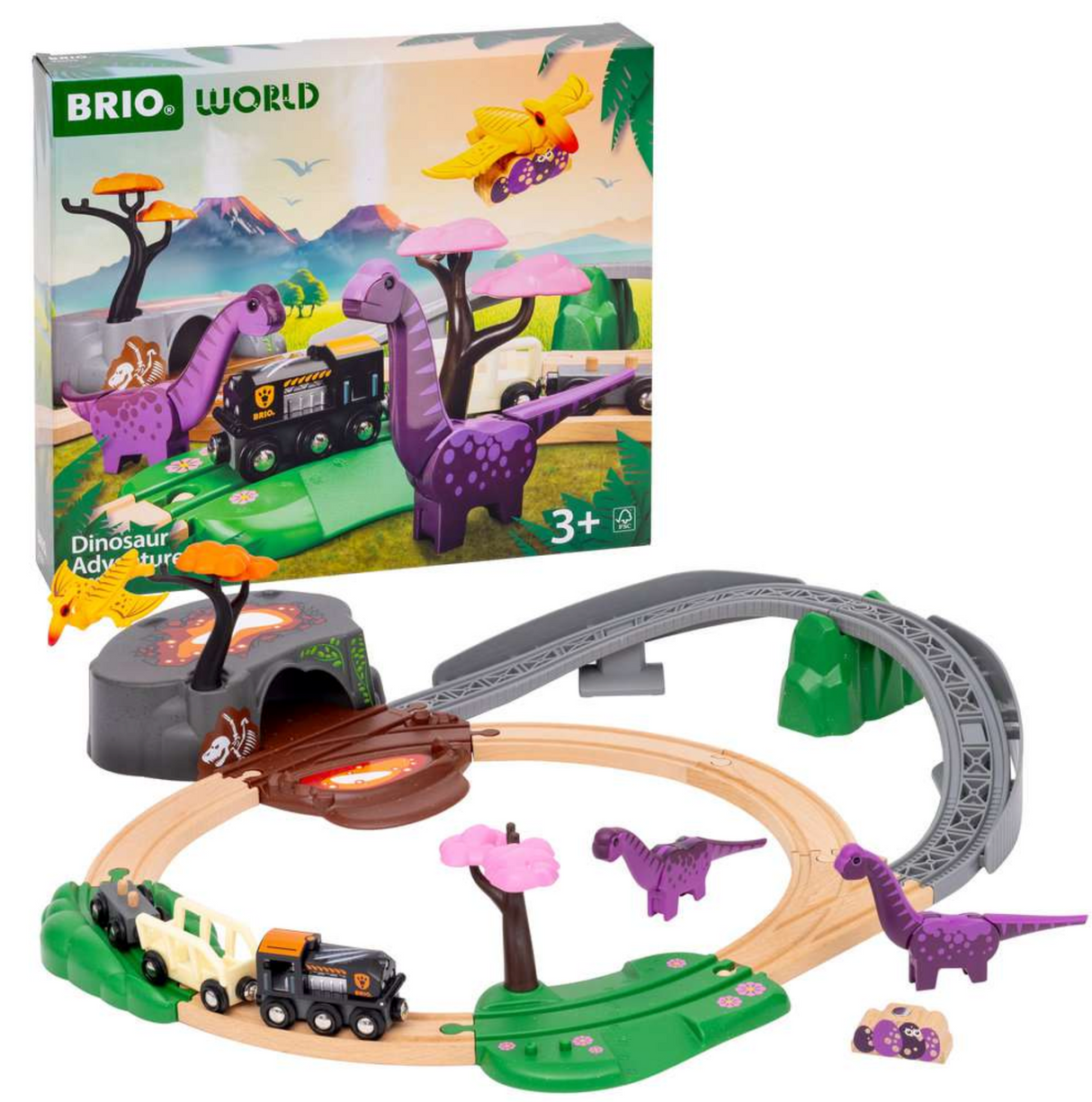 Dinosaur Adventure Set with 21 pieces, including train, colorful dinosaurs, lava cave, and scenic tracks for imaginative play.