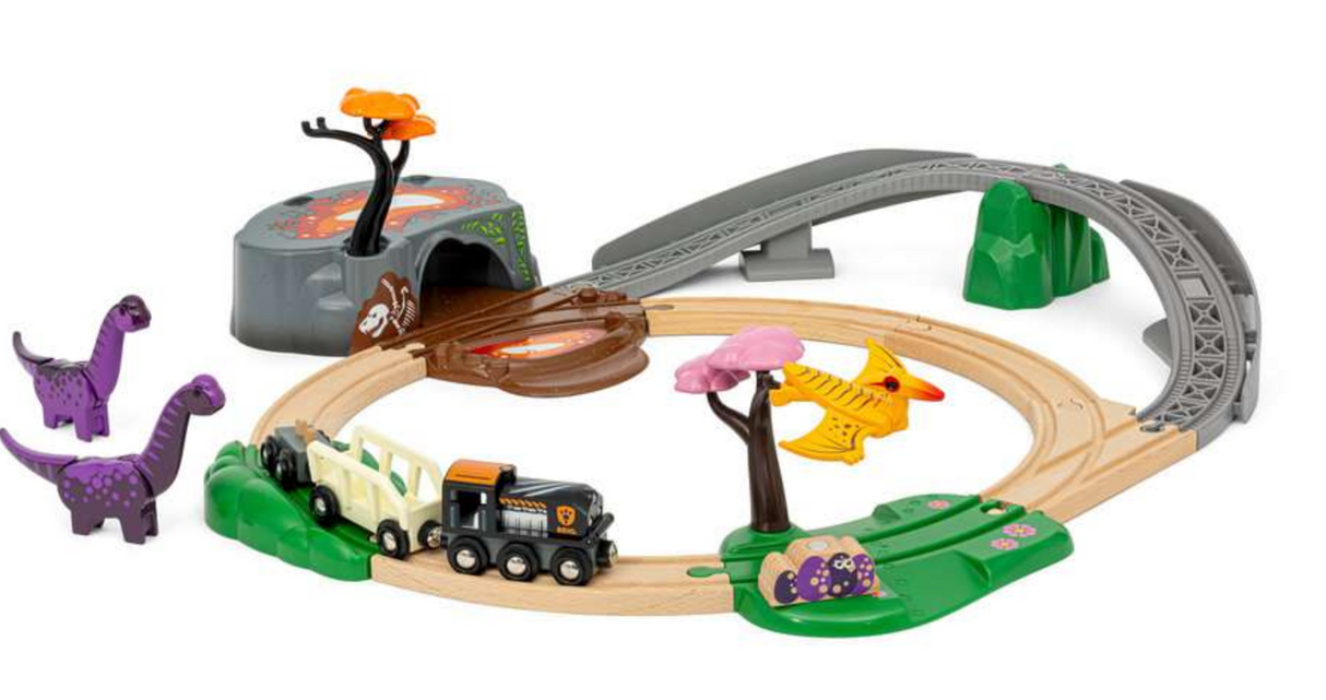 Dinosaur Adventure Set with wooden train tracks, colorful dinosaur figures, lava cave, and scenic play pieces for imaginative fun.