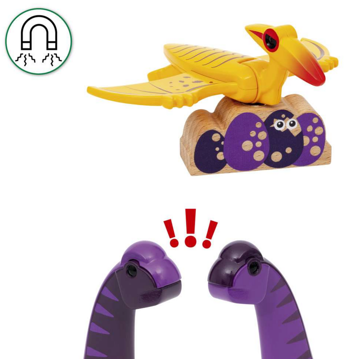 Dinosaur Adventure Set featuring colorful movable dinosaurs with magnets, including Pteranodon and Brachiosaurus figures.