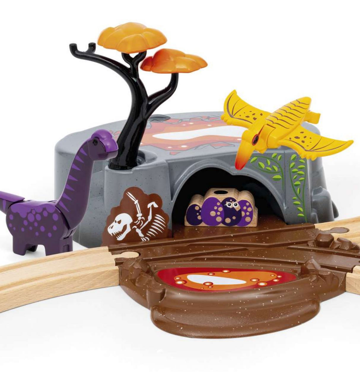 Dinosaur Adventure Set with purple Brachiosaurus, yellow Pteranodon, lava cave, and wooden train tracks for imaginative play.