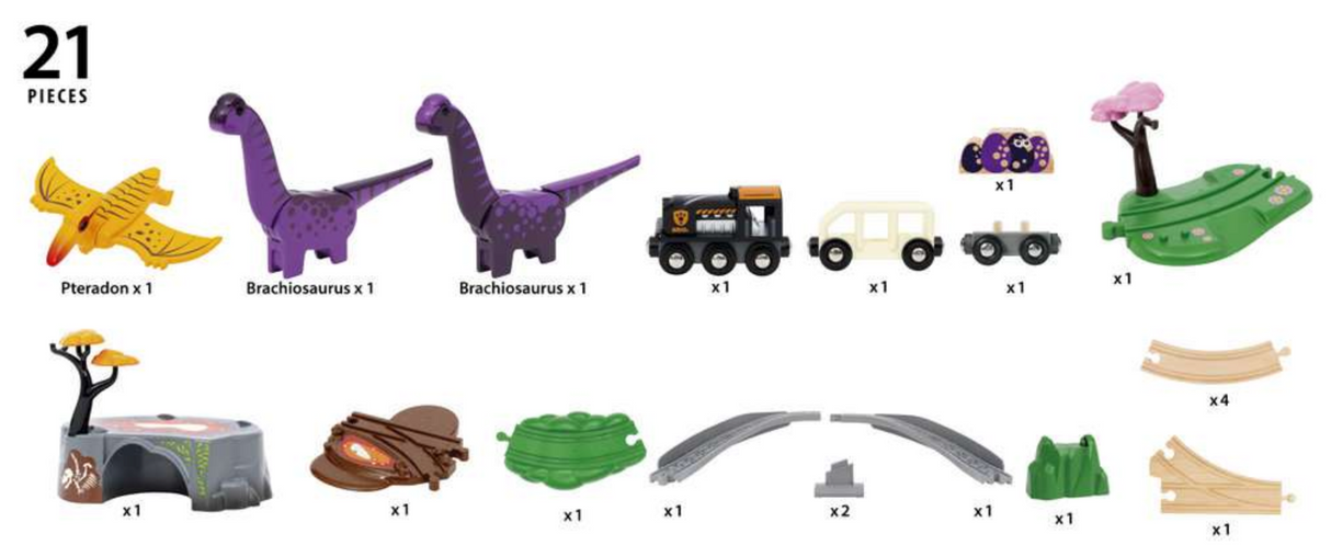 Dinosaur Adventure Set with 21 pieces including train, wagons, colorful dinosaurs, lava cave, and scenic tracks for imaginative play.