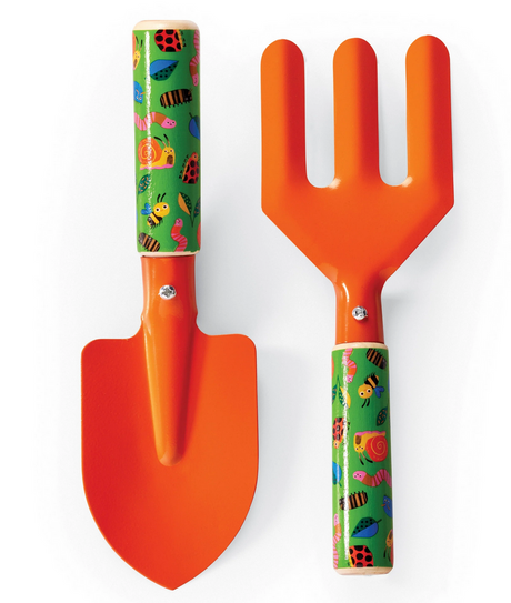 Garden Tools | Garden Friends kid-size shovel and rake with colorful handles for little gardeners learning gardening joy.