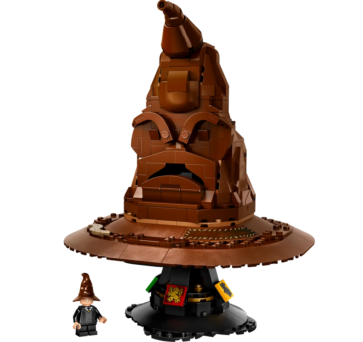 LEGO Harry Potter Talking Sorting Hat with sound brick, Hogwarts house crests, and minifigure display set.