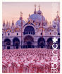 500pc Pink Flamingo Palace Puzzle featuring a flock of pink flamingos in front of a grand palace at sunset.