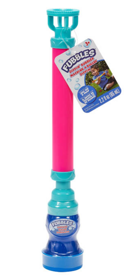 Fubbles | Dippin' Bubbler bubble blower in pink and blue with attached 2.2 fl oz bubble solution bottle and label.