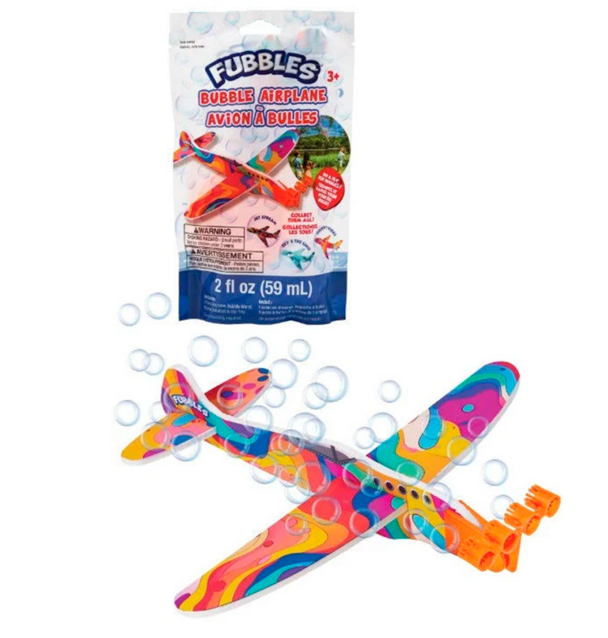 Fubbles Bubble Airplane colorful foam glider with bubble wand and bubble solution for outdoor active play and learning.