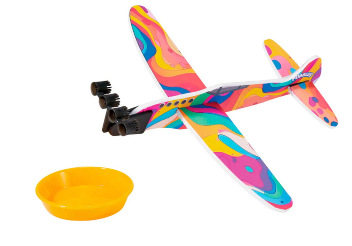 Fubbles | Bubble Airplane colorful foam glider with bubble wand and yellow tray for outdoor active play and bubble fun.