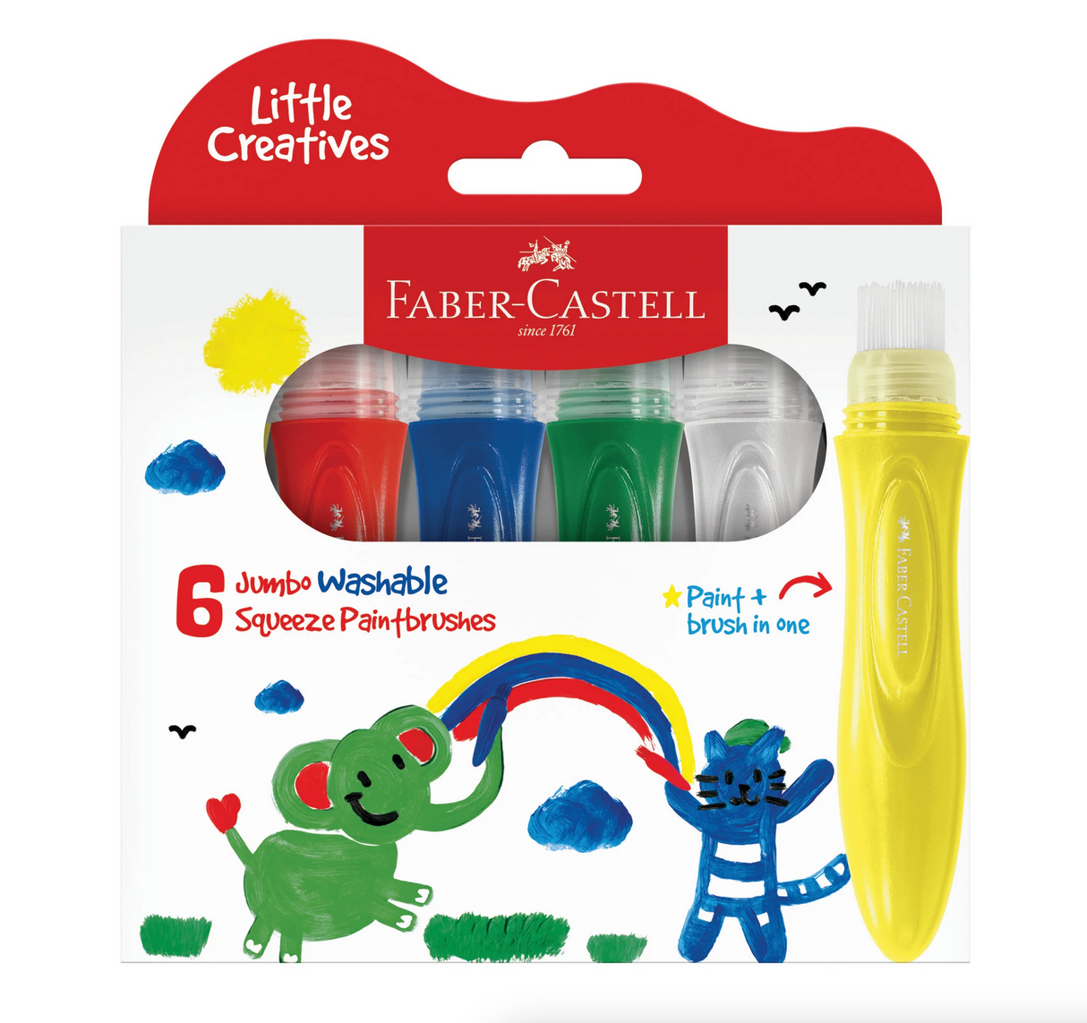 Little Creatives Jumbo Squeezing Paintbrush set with six colorful washable paintbrushes in a recyclable box.