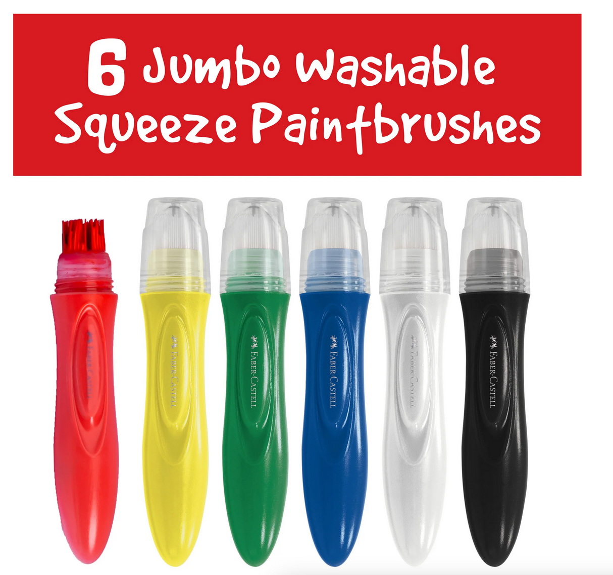 Little Creatives Jumbo Squeezing Paintbrush set with six washable colors red, yellow, green, blue, white, and black.
