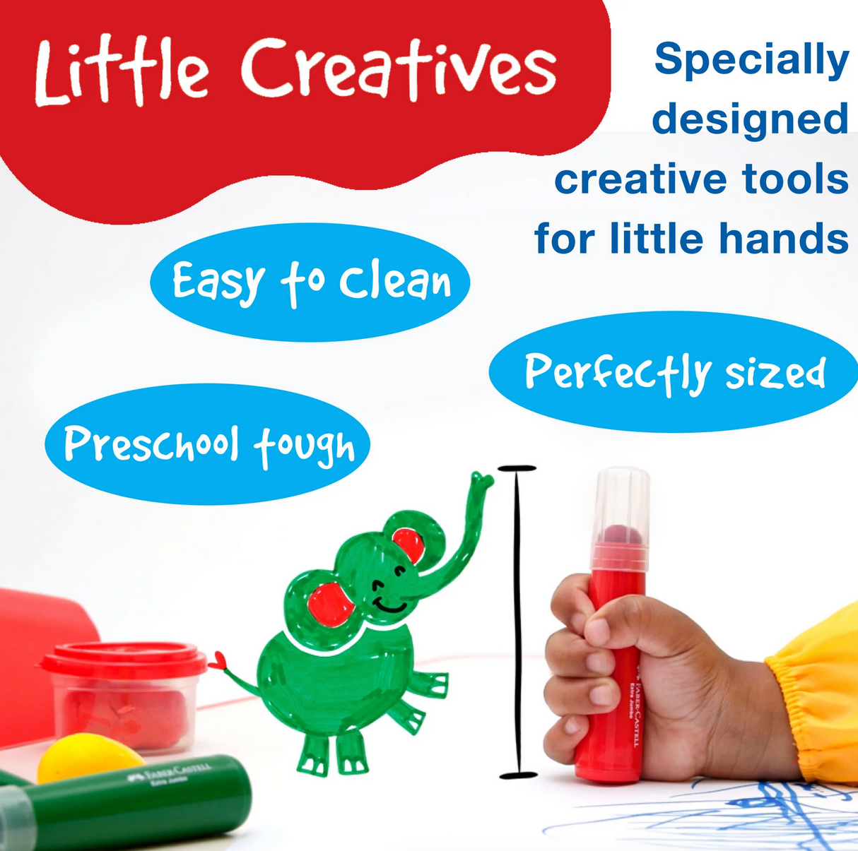 Little Creatives Jumbo Squeezing Paintbrush held by child with green elephant drawing and paint jars in background.