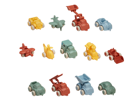 Collection of assorted colorful Re:line Chubbie toy vehicles made from 100% recycled plastic, eco-friendly and Swedish-designed.