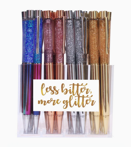 Liquid Glitter Pen set of 24 with sparkling gold, rose gold, silver, and blue glitter pens in a clear display case.
