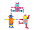 Three colorful Majigg Flexi Robot wooden toys with poseable joints in playful poses on white background.
