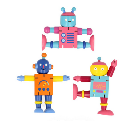 Three colorful Majigg Flexi Robot wooden toys with poseable joints in playful poses on white background.