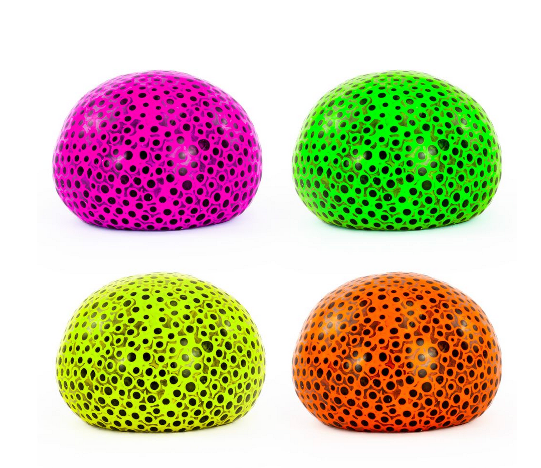 Four assorted colorful Beads Alive Giant Balls with black beads inside, perfect for sensory play and squishing fun.