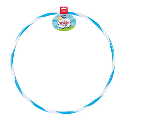 Hoola Hoop with blue and white two-toned spiral design, 24-inch size, makes noise with sound beads inside.