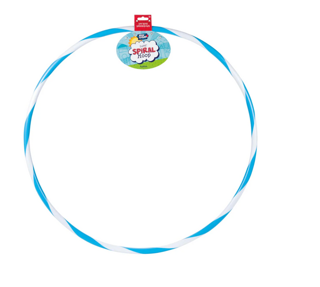 Hoola Hoop with blue and white two-toned spiral design, 24-inch size, makes noise with sound beads inside.