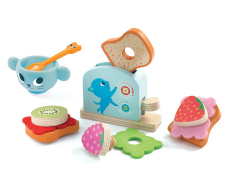 Kitten's Breakfast wooden toy set with pretend toast, jams, toaster, and a cat-themed bowl with spoon for toddlers.