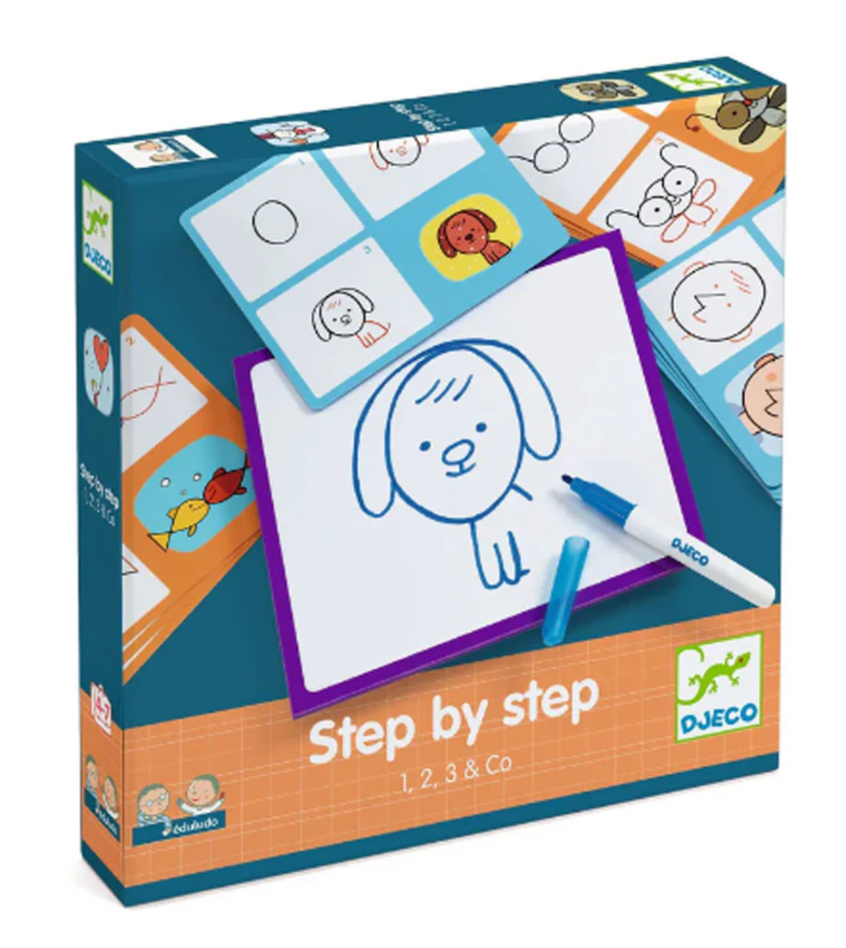 Step by Step 1,2,3 and Co drawing set with template cards, erasable pen, and drawing board for kids learning symmetry and order.