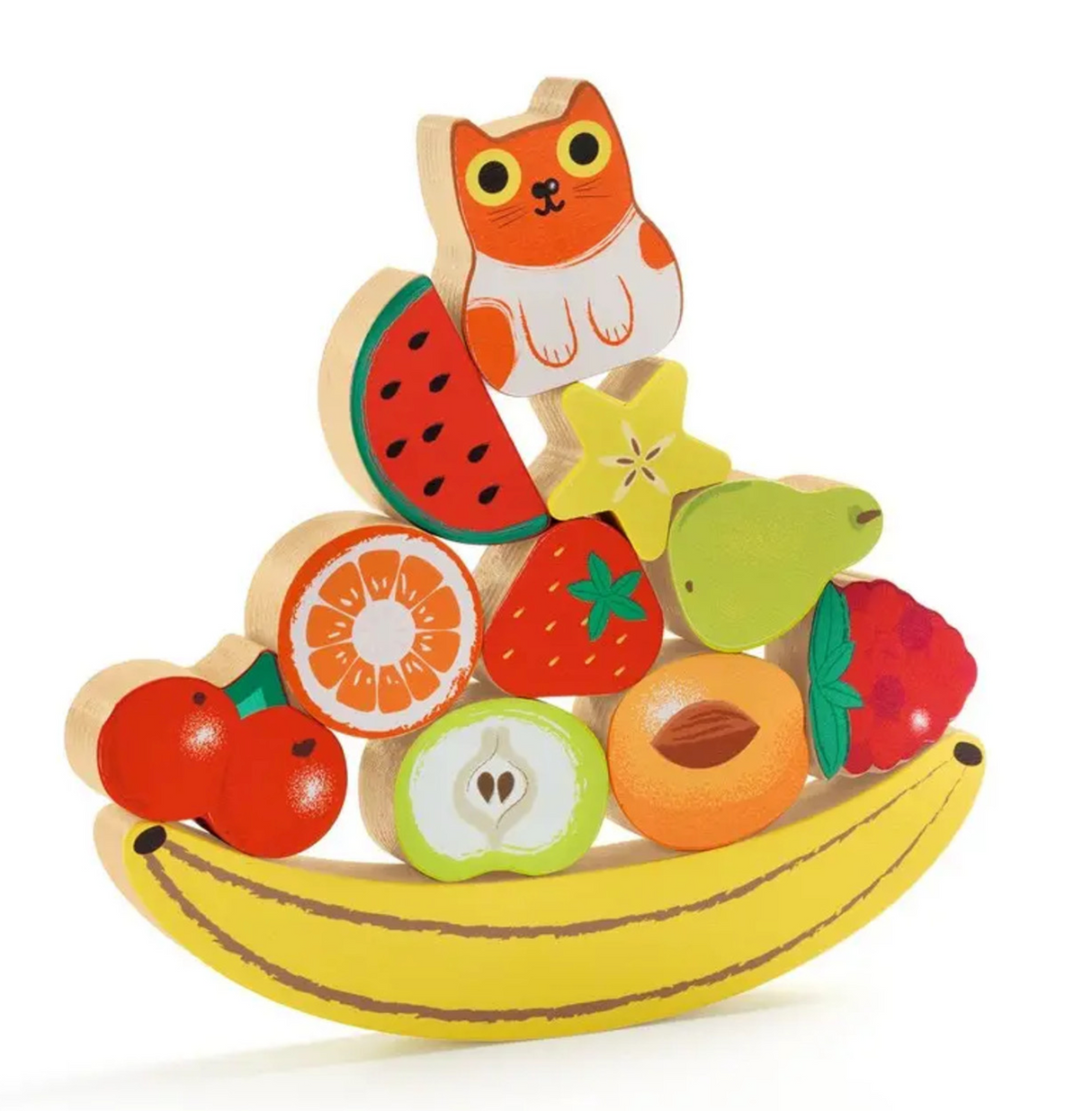 Puzz & Boom Happy Puzzle wooden 3D fruit and cat balancing game with 11 easy-grip pieces on a banana base.