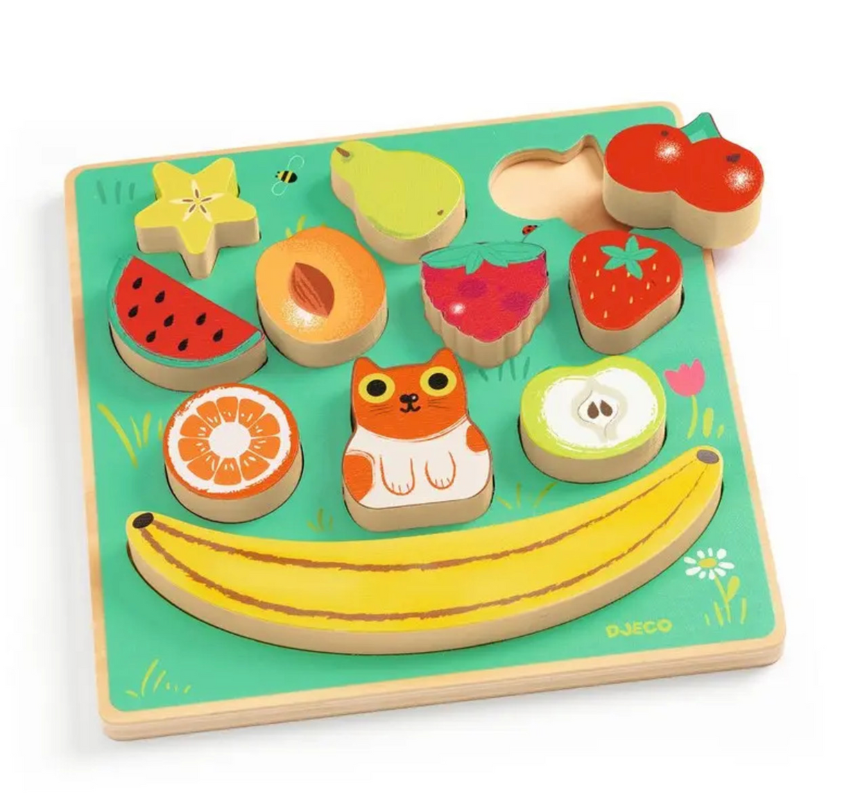 Puzz & Boom Happy Puzzle wooden fruit and cat shape-sorting set with easy-grip pieces on a green base.