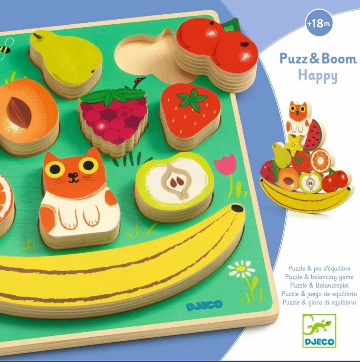 Puzz & Boom Happy Puzzle wooden fruit and cat pieces on green base with yellow banana stand for balancing game.