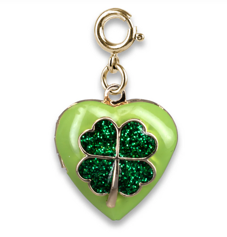 Gold Luck Locket Charm with green glitter four-leaf clover on heart-shaped enamel base metal charm.