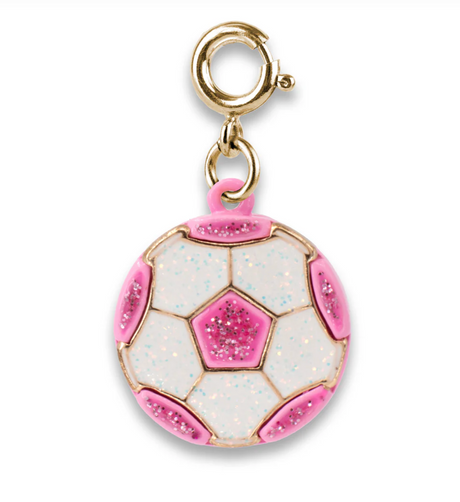 Gold Glitter Soccer Ball Charm with pink and white enamel and glitter accents on a gold clasp.