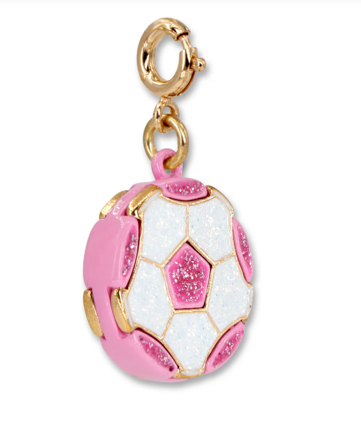 Gold Glitter Soccer Ball Charm with pink enamel and gold accents, perfect for customizing bracelets or necklaces.