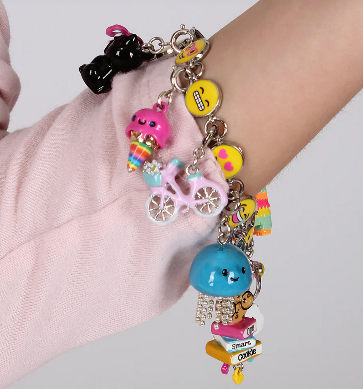 Lil Jelly Charm with blue jellyfish and colorful charms on a silver chain bracelet for girls who love sea life.