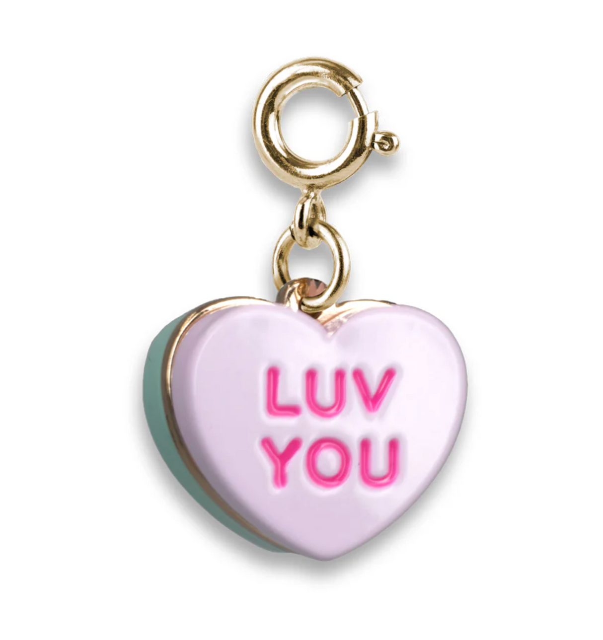 Gold Candy Heart Charm with "LUV YOU" text in pink enamel, perfect for customizing charm bracelets or necklaces.
