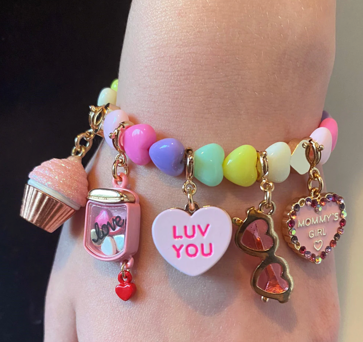 Gold Candy Heart Charm with "LUV YOU" enamel heart on colorful candy bead bracelet for customizable style.