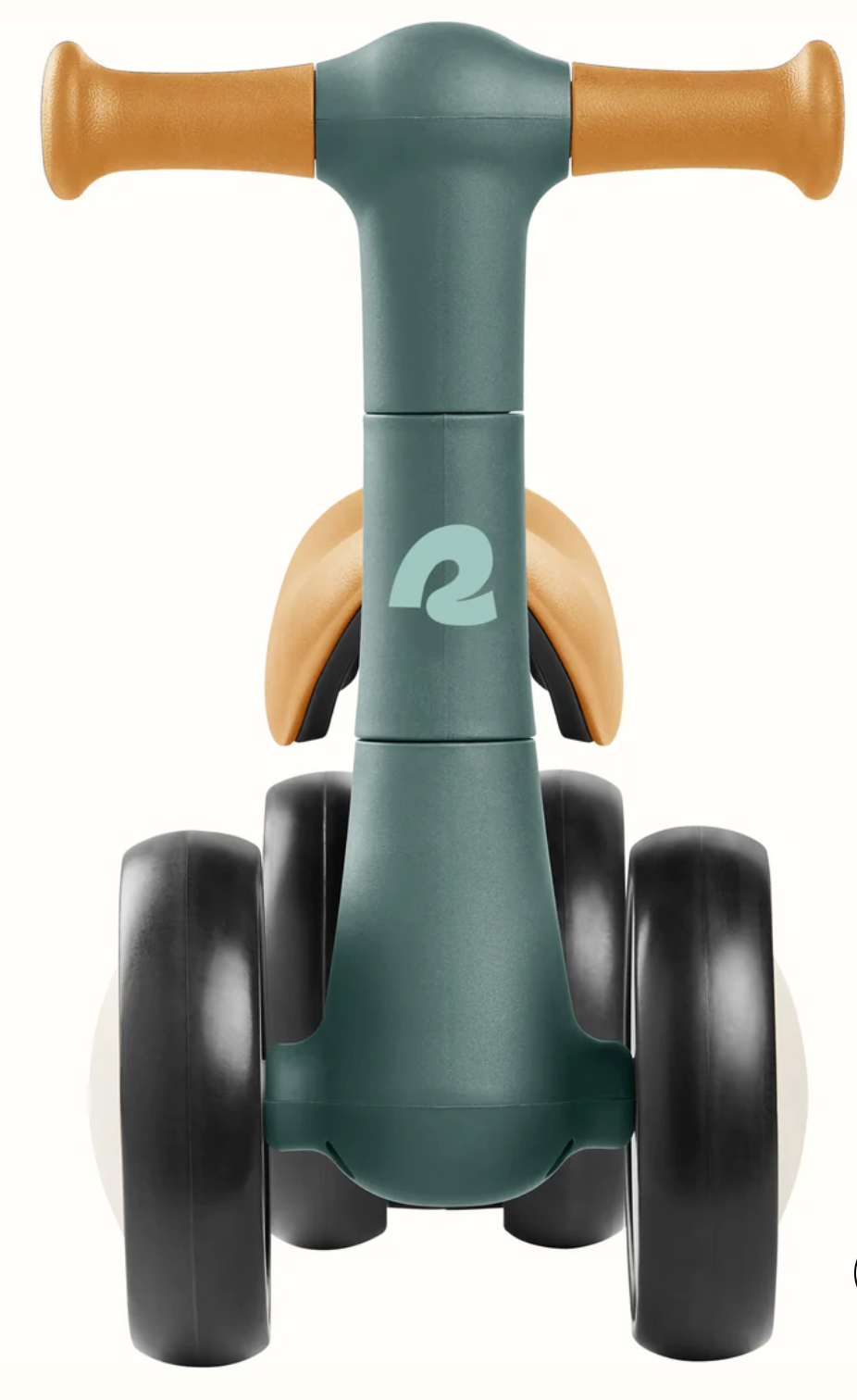 Front view of Cricket 2 Baby Walker Balance Bike Rainforest with no-scratch wheels and 135° limit steering for toddlers.