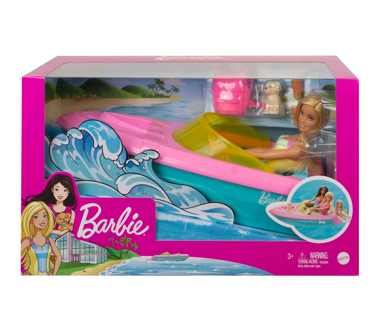 Barbie & Boat playset with Barbie doll in life vest, colorful speedboat, and pet puppy for water adventures.